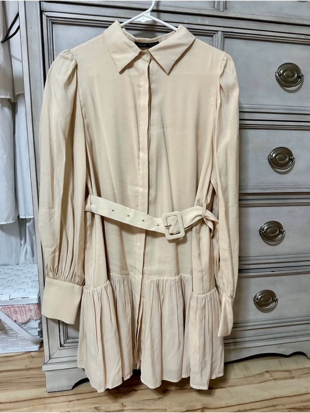 SHEIN Cream Long Sleeve Belted Shirt Dress
